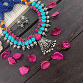 Vriksham Boho Oxidized Silver With Pink & Blue Stones Lakshmi Neckpiece-S1048